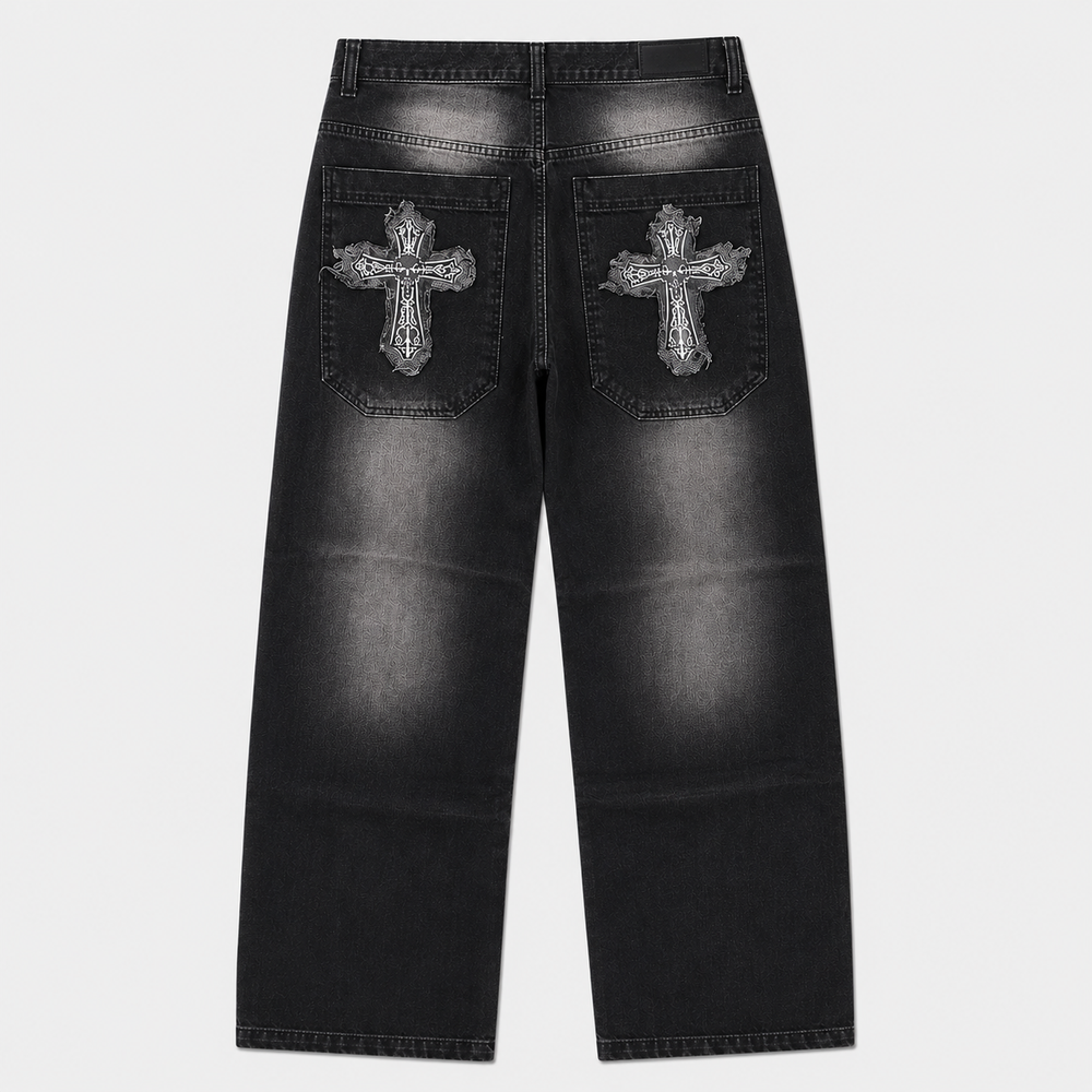 RETRO STREETWEAR "HOLY CROSS" APPLIQUÉ DENIM