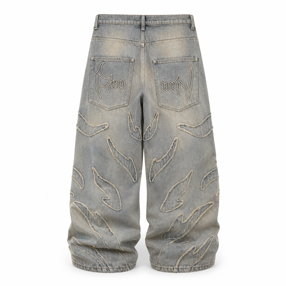 RETRO STREETWEAR "HEAVEN" TRIBAL APPLIQUÉ BAGGY JEANS